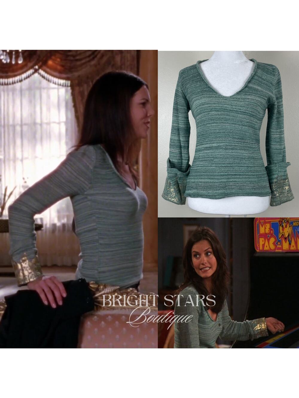 Rare Green Sweater Long Sleeve Gold Foiled Fold Back Cuffs ASO Monica Lorelai